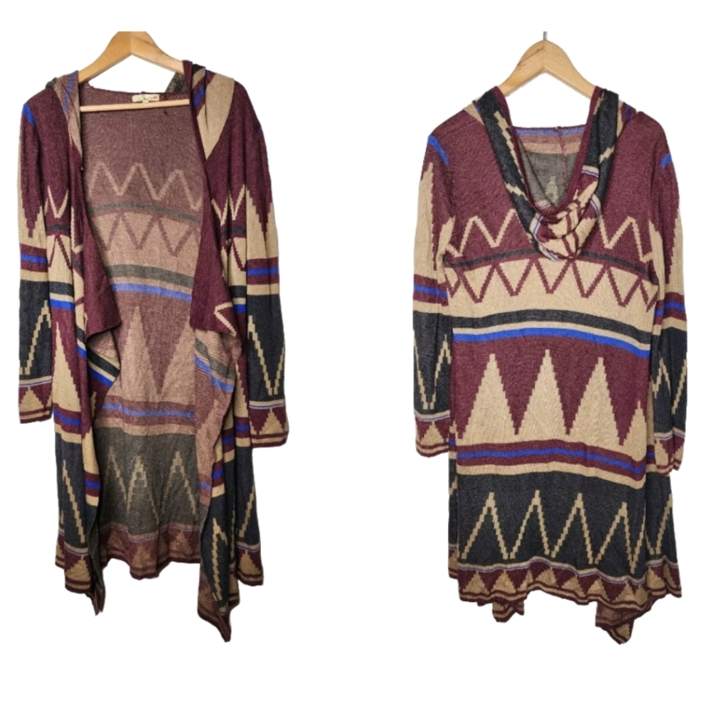 Cecico Hooded Open Front Cardigan Sweater in Aztec Print Size M